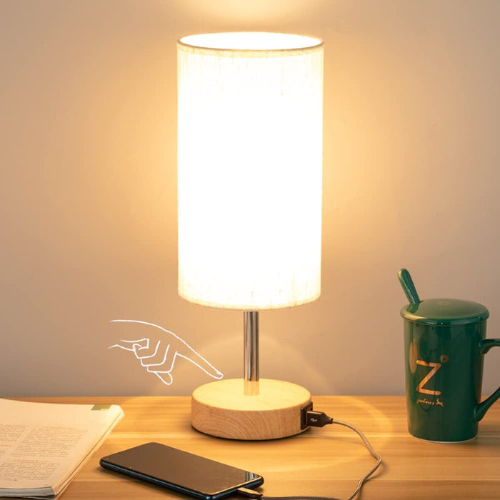 Decor Bedside Lamp with USB Port - Touch Control Table Lamp for Bedroom Wood 3 Way Dimmable Nightstand Lamp with Round Flaxen Fabric Shade for Living Room, Dorm, Home Office