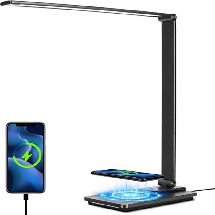 LED Desk Lamp With 10W Wireless Charger And USB Charging Port, Study Desk Lamp Reading Lamps For Office, 5 Lighting Modes, Full Dimmable Levels, Touch Control