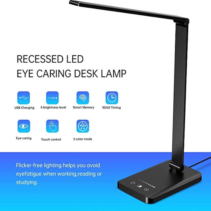 LED Desk Lamp with USB Charging Port, Dimmable Eye-Caring Reading Desk Light for Home, with 5 Brightness Level & 3 Lighting Modes, Touch Control, Auto Timer (Black)