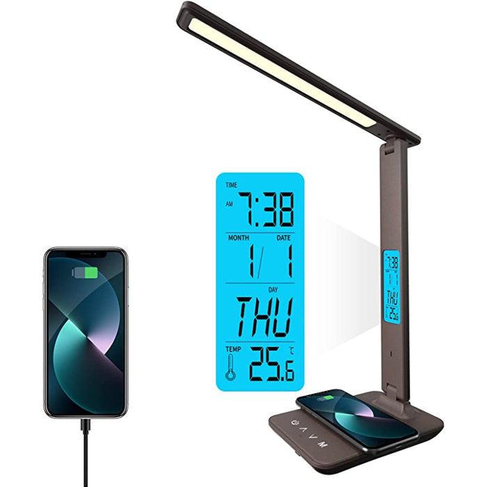 Desk Lamp, LED Desk Lamp With Wireless Charger, USB Charging Port, Table Lamp With Clock, Alarm, Date, Temperature, Office Lamp, Desk Lamps For Home Office