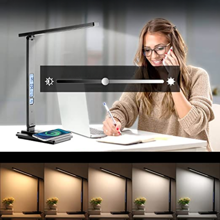 LED Desk Lamp With Wireless Charger, Touch Control Study Lamp With USB Charging Port, Table Lamp With Clock, Alarm, Date, Temperature, Office Lamp, Desk Lamps For Home Office