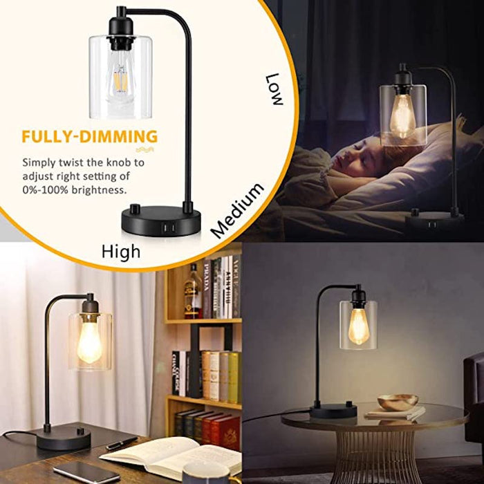 Industrial Bedside Table Lamp Set of 2,3-Way Dimmable Lamps For Bedroom Modern USB Nightstand Lamp With Glass Shade Reading Table Lamps for Dorm, Office (LED Bulb Included)