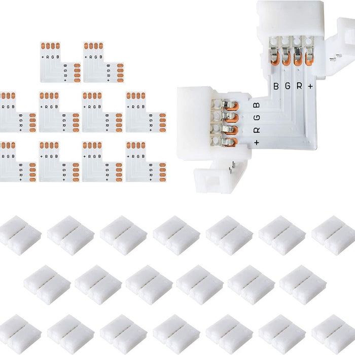 L Shape 4-Pin LED Connectors 10-Pack Wide Right Angle Corner Connectors Solderless Adapter Connector Terminal Extension with 22Pcs Clips for 3528/5050 SMD RGB 4 Conductor LED Light Strips