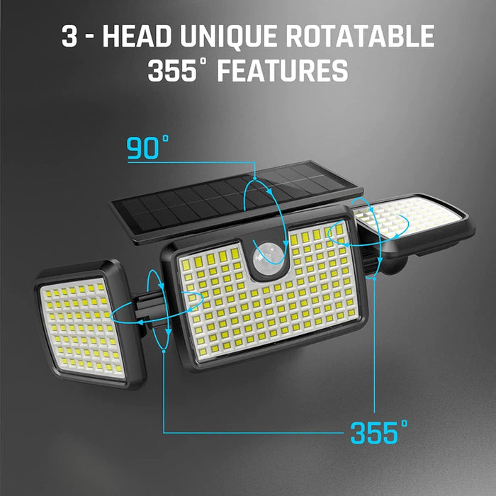 Solar Lights Outdoor, 3 Head Solar Motion Lights Outdoor With 2500LM 218 LEDs High Brightness, Built-In Bigger Tempered Glass Solar Panel, Sensitive PIR Motion Inductor