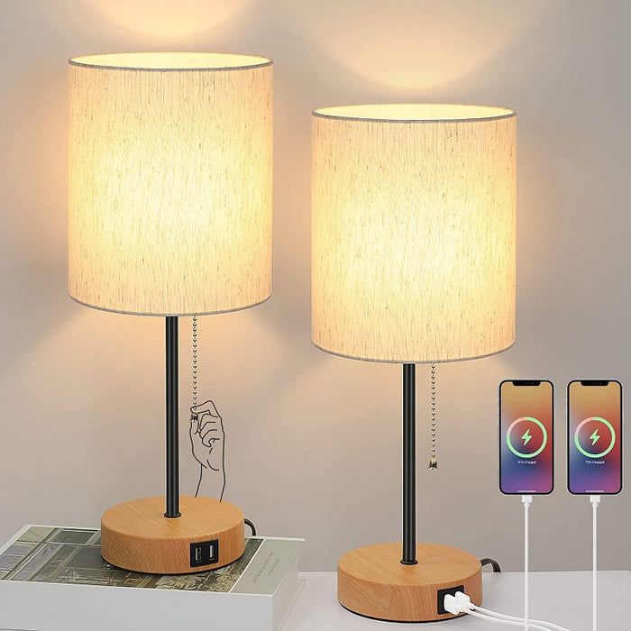 Table Lamps Set of 2 With USB Charging Ports, Grey Bedside Lamps With AC Outlet, Nightstand Lamps With Pull Chain Switch, Minimalist Modern Desk Lamps With Fabric Shade For Living Room Bedroom Office