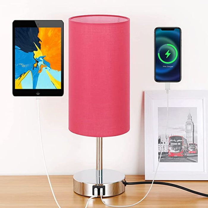 Lamp With USB Port Touch Control Table Lamp For Bedroom Wood 3 Way Dimmable Nightstand Lamp With Round Flaxen Fabric Shade For Living Room, Dorm, Home Office