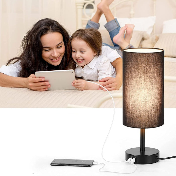 Lamp With USB Port Touch Control Table Lamp For Bedroom Wood 3 Way Dimmable Nightstand Lamp With Round Flaxen Fabric Shade For Living Room, Dorm, Home Office