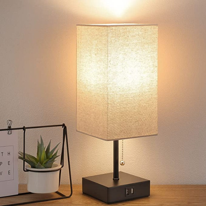 Table Lamp, Pull Chain Table Lamp With 2 USB Charging Ports, 2700K LED Bulb, Fabric Linen Lampshade, Nightstand Lamp For Livingroom Bedroom Office Reading Working