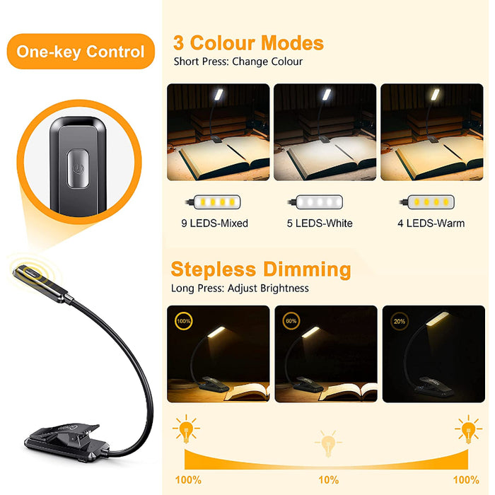Buy 9 LED Rechargeable Book Light For Reading In Bed - Eye-Caring, Stepless Dimming | Small Lightweight Clip-On Reading Light