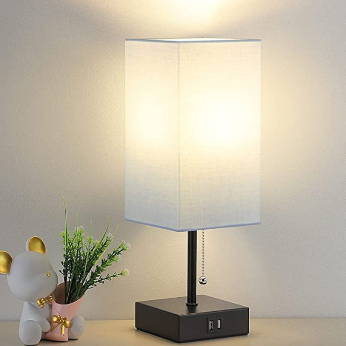 Table Lamp, Pull Chain Table Lamp With 2 USB Charging Ports, 2700K LED Bulb, Fabric Linen Lampshade, Nightstand Lamp For Livingroom Bedroom Office Reading Working