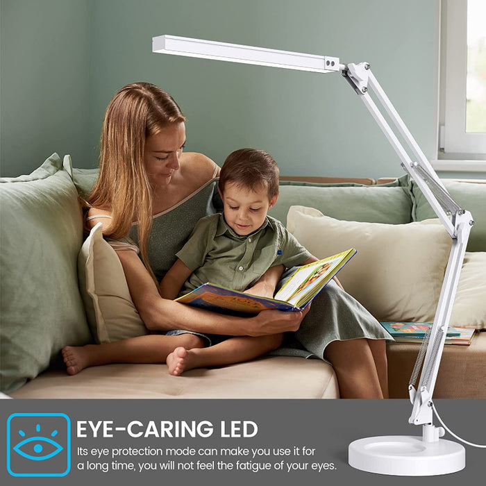 LED Desk Lamp with Clamp And Round Base, Eye Caring Table Lamp With Swing Arm, 3 Color Modes 10 Brightness Levels, Memory Function Bedside Lamp, White Desk Light For Home Office With USB Adapter