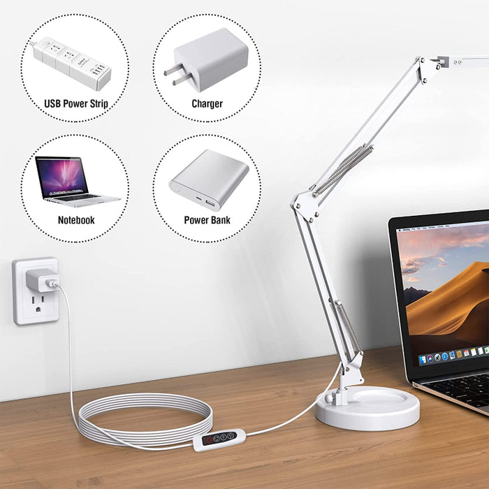LED Desk Lamp with Clamp And Round Base, Eye Caring Table Lamp With Swing Arm, 3 Color Modes 10 Brightness Levels, Memory Function Bedside Lamp, White Desk Light For Home Office With USB Adapter