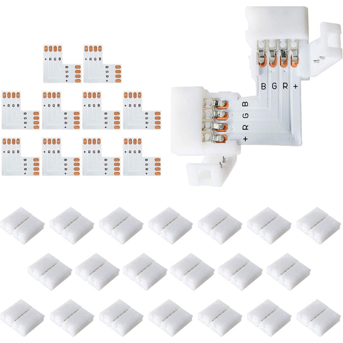 L Shape 4-Pin LED Connectors 10-Pack 10mm Wide Right Angle Corner Connectors Solderless Adapter Connector Terminal Extension With 22pcs Clips For 3528/5050 Smd Rgb 4 Conductor LED Light Strips