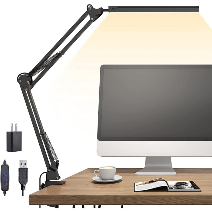 LED Desk Lamp, Swing Arm Desk Light With Clamp, 3 Lighting 10 Brightness Eye-Caring Modes, Reading Desk Lamps For Home Office 360 Degree Spin With USB Adapter & Memory Function