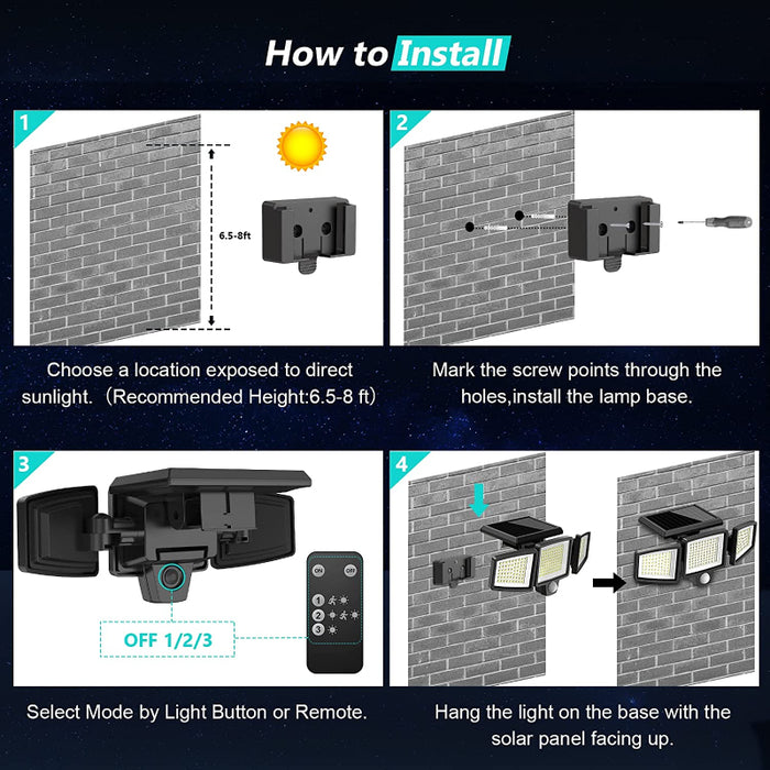 Solar Outdoor Lights 2500LM 210 LED Security Lights with Remote Control,3 Heads Motion Sensor Lights, IP65 Waterproof,270° Wide Angle Flood Wall Lights with 3 Modes