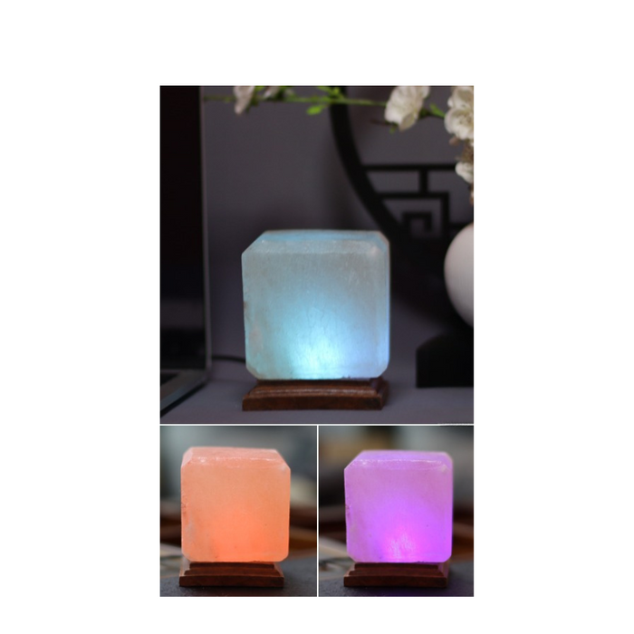 Cube Himalayan Salt Lamp With Wooden Base