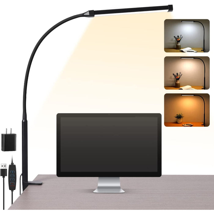 LED Desk Lamp With Lamp, Eye-Caring Clip On Lights For Home Office, 3 Modes 10 Brightness, Long Flexible Gooseneck, Metal, Swing Arm Architect Task Table Lamps With USB Adapter, White