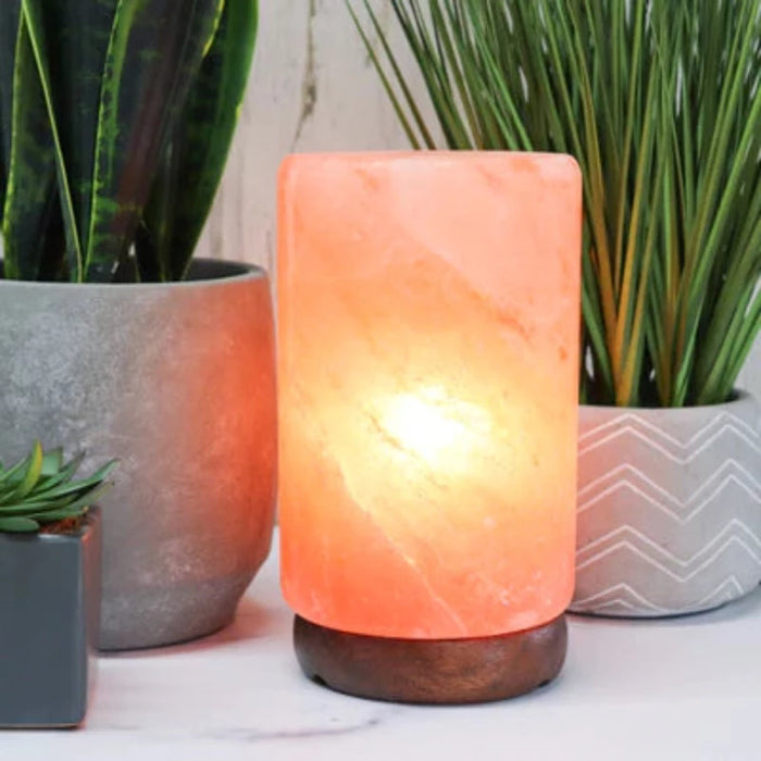Cylindrical Himalayan Salt Lamp With Wooden Base